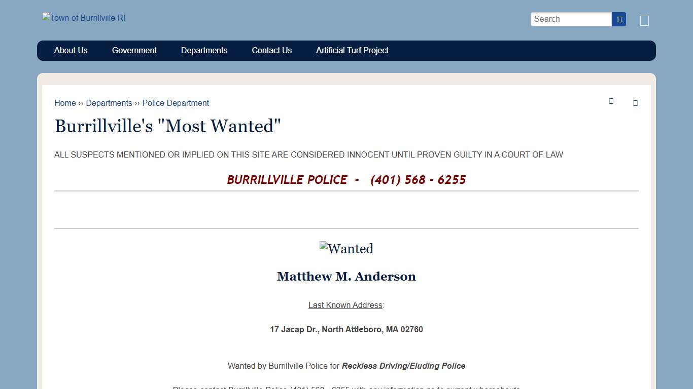 Burrillville's "Most Wanted" | Town of Burrillville RI