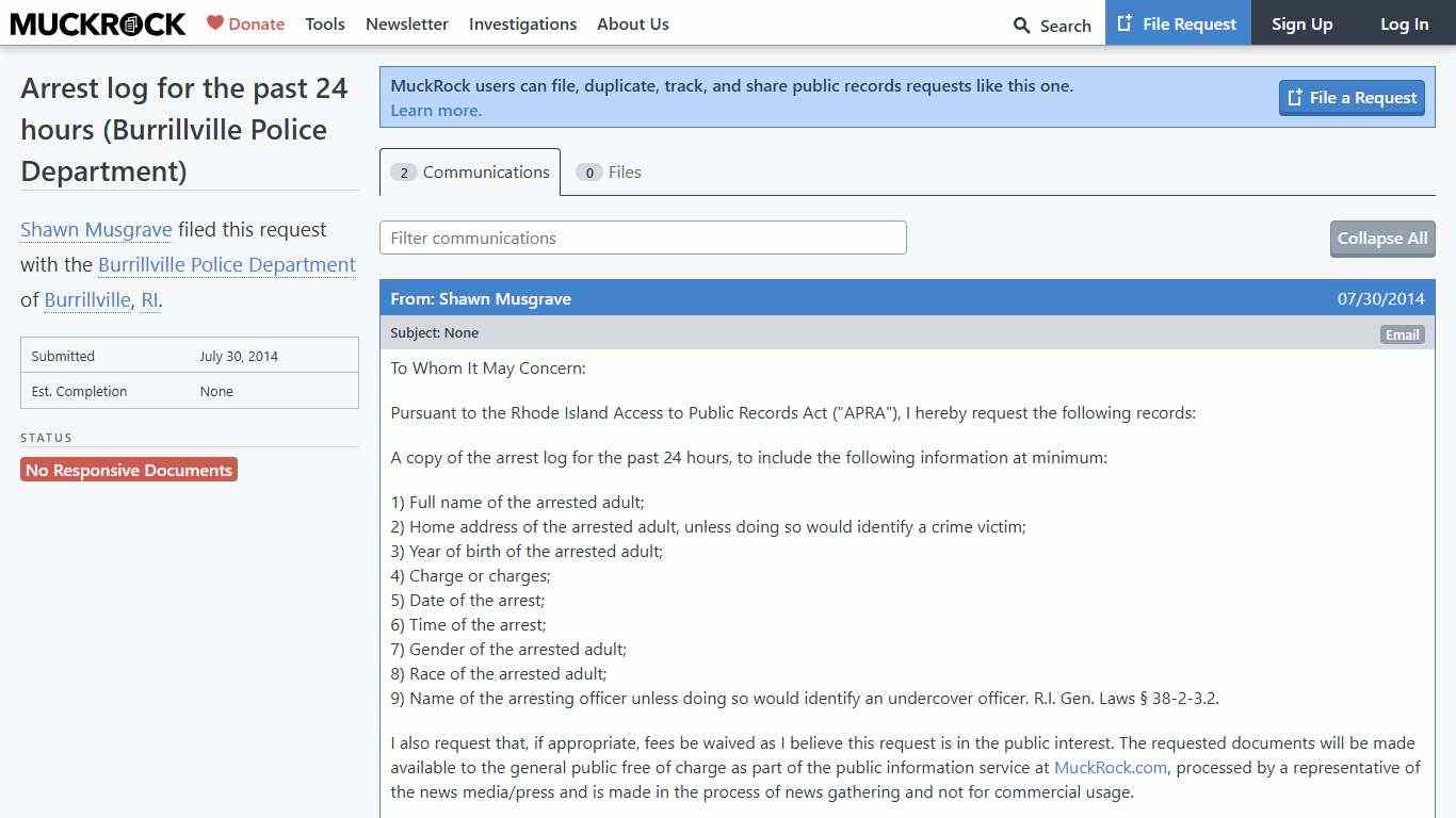 Arrest log for the past 24 hours (Burrillville Police Department) • MuckRock